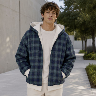 Custom Blue Green Plaid Hooded Zip Up Hoodie with Cream Lining