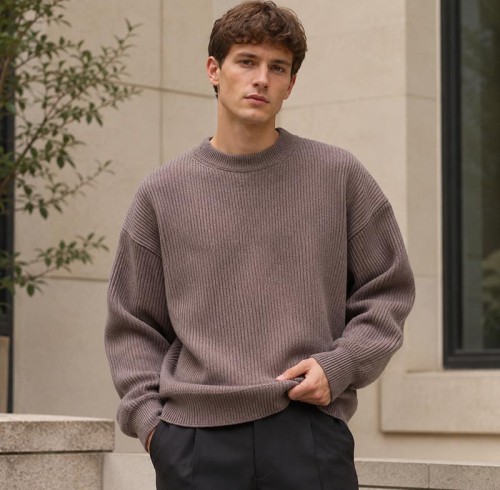 Custom Taupe Brown Ribbed Knit Crewneck Pullover Sweater
