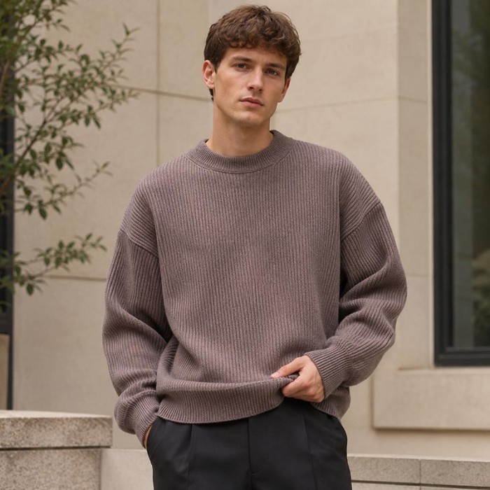 Custom Taupe Brown Ribbed Knit Crewneck Pullover Sweater