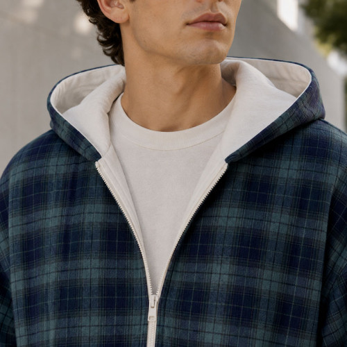 Custom Blue Green Plaid Hooded Zip Up Hoodie with Cream Lining