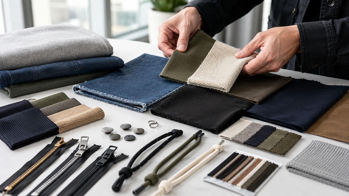 Fabric swatches trims zippers and labels used to calculate apparel manufacturing cost