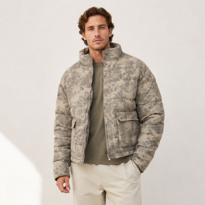 Custom Beige Leopard Print Stand Collar Puffer Jacket