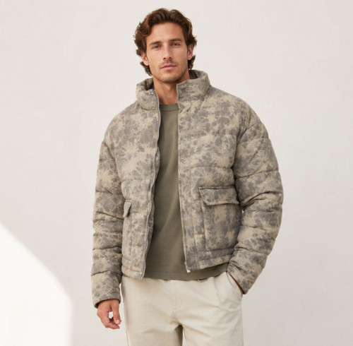 Custom Beige Leopard Print Stand Collar Puffer Jacket