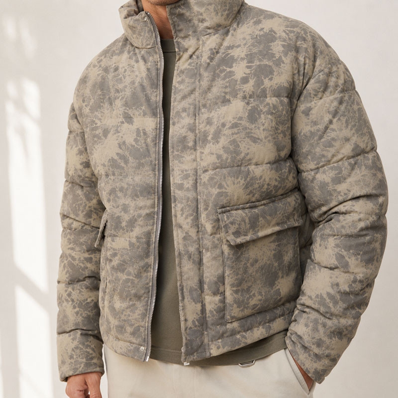 Custom Beige Leopard Print Stand Collar Puffer Jacket