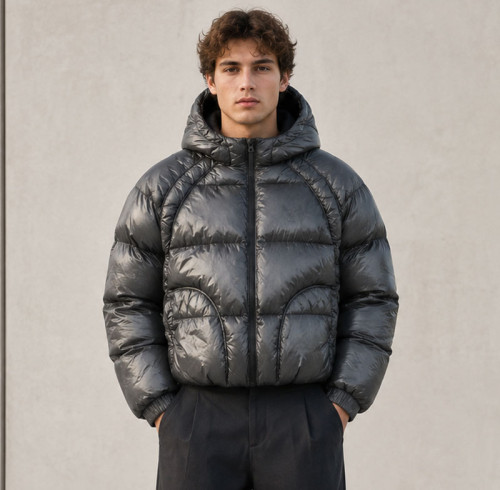 Custom Charcoal Grey Cropped Hooded Puffer Jacket