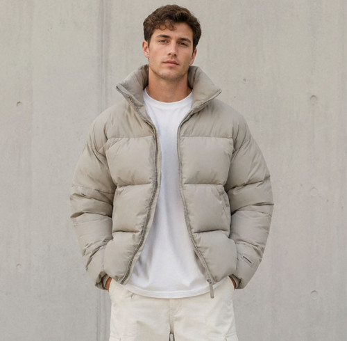 Custom Beige Oversized Stand Collar Puffer Jacket