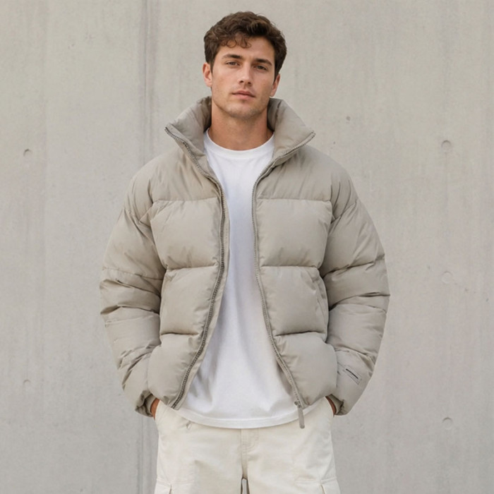 Custom Beige Oversized Stand Collar Puffer Jacket