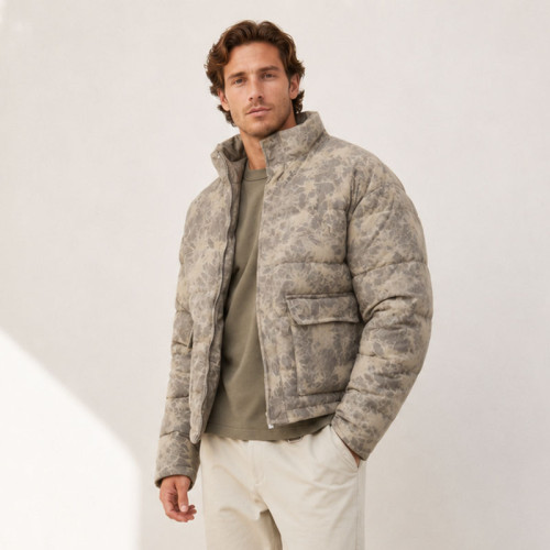 Custom Beige Leopard Print Stand Collar Puffer Jacket