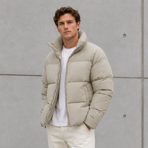 Custom Beige Oversized Stand Collar Puffer Jacket