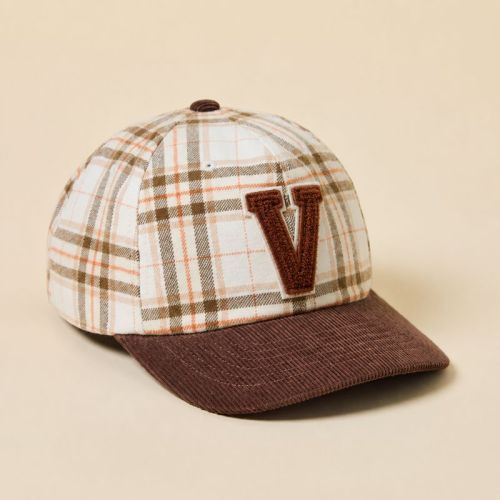 Corduroy Bill Plaid Snapback Cap with Chenille V