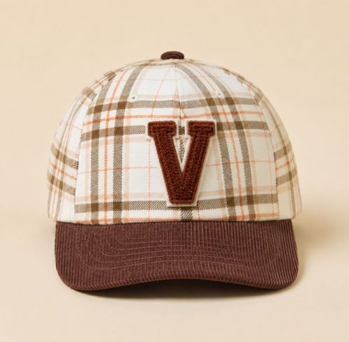 Corduroy Bill Plaid Snapback Cap with Chenille V