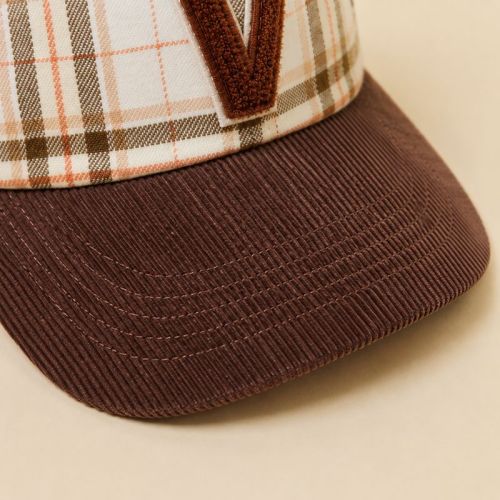 Corduroy Bill Plaid Snapback Cap with Chenille V