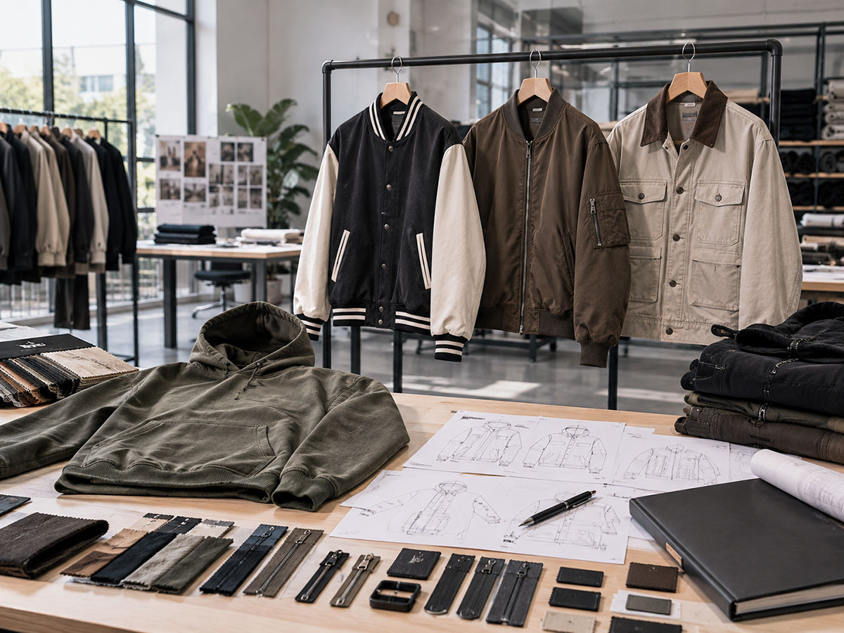 Streetwear collection development with garment samples tech packs fabrics and trims