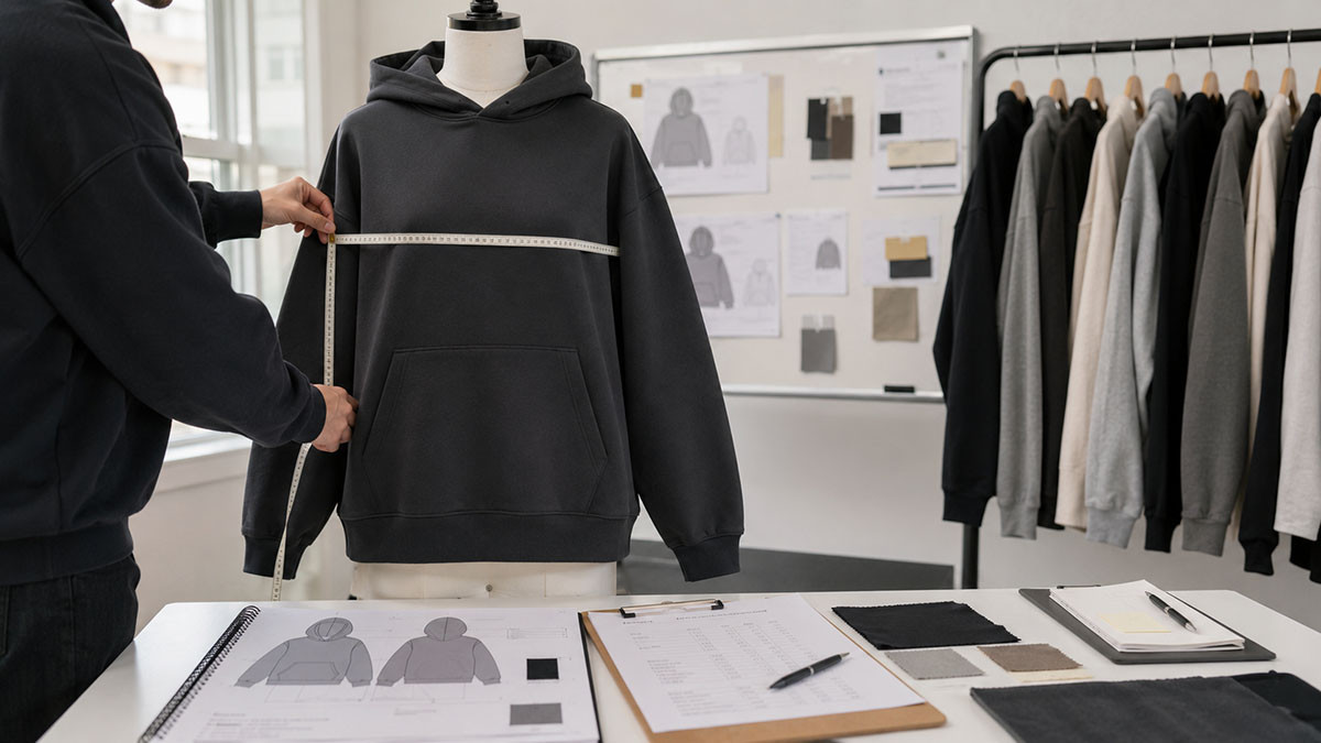 Streetwear manufacturer reviewing garment sample fit measurements and construction details