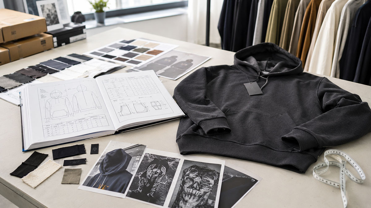 Streetwear collection development with tech pack fabric swatches and garment sample