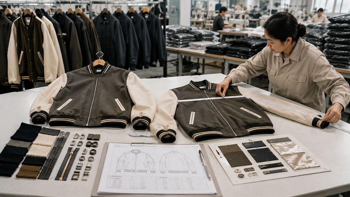 Custom jacket bulk production quality inspection comparing finished jacket with approved sample measurement chart and trim standards