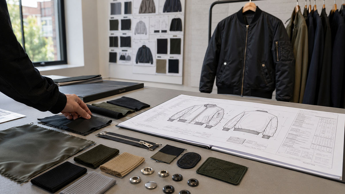 Custom jacket tech pack with technical drawings fabric swatches zipper rib trims labels and measurement specifications