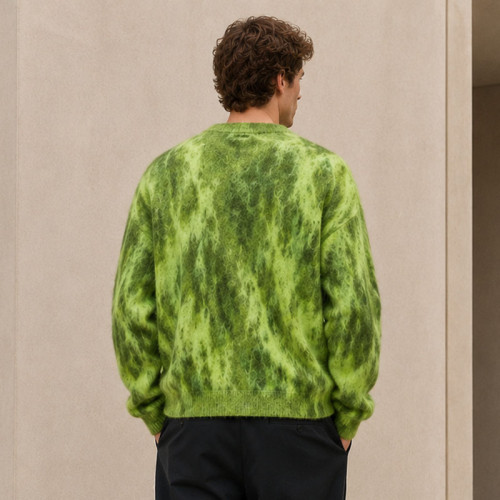 Custom Fuzzy Green V-Neck Knit Cardigan Sweater