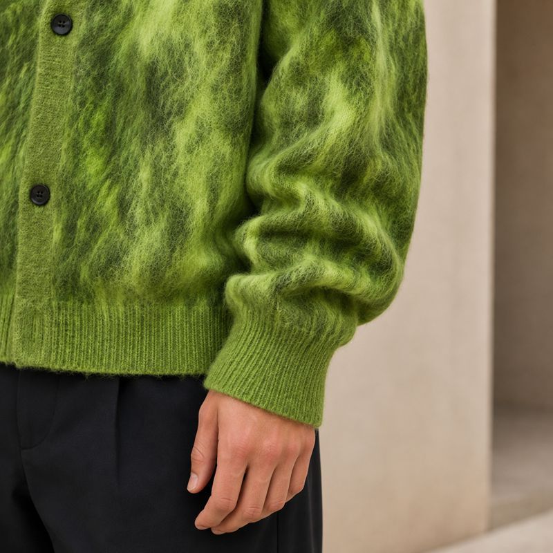 Custom Fuzzy Green V-Neck Knit Cardigan Sweater