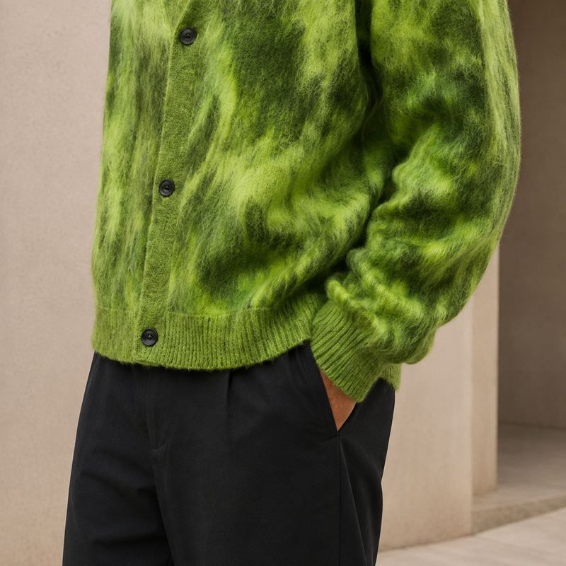 Custom Fuzzy Green V-Neck Knit Cardigan Sweater