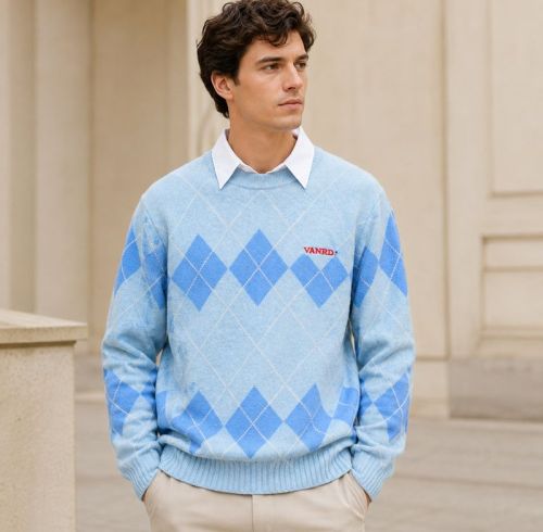 Custom Argyle Diamond Light Blue Crewneck Knit Sweater