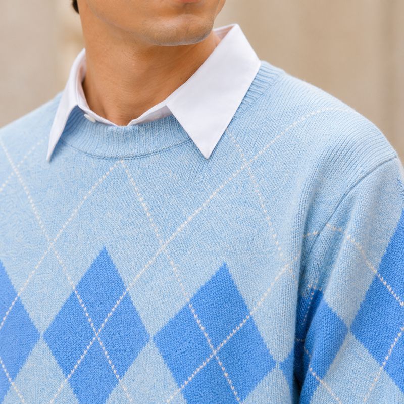 Custom Argyle Diamond Light Blue Crewneck Knit Sweater