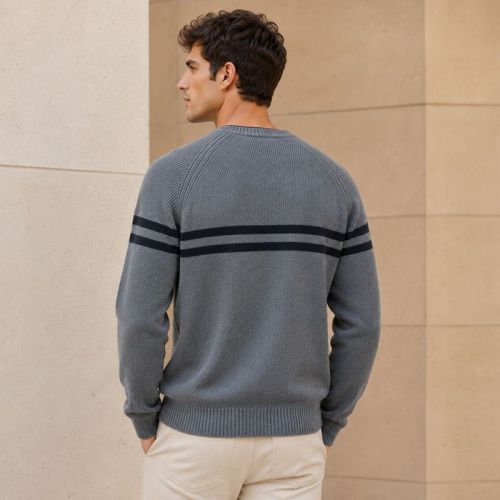 Custom Contrast Yoke Stripe Grey Crewneck Knit Sweater