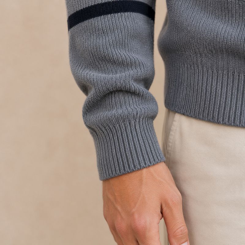 Custom Contrast Yoke Stripe Grey Crewneck Knit Sweater