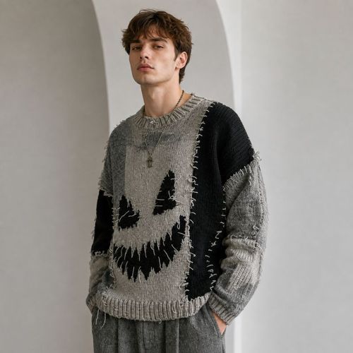 Custom Distressed Pumpkin Pattern Crewneck Knit Sweater