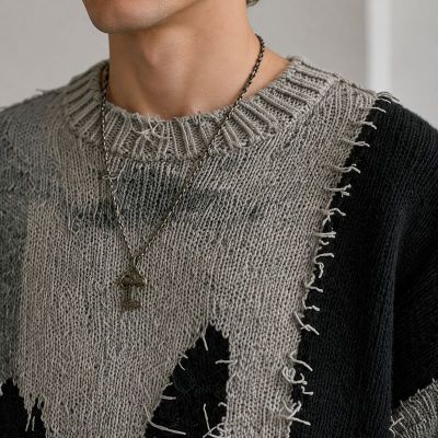 Custom Distressed Pumpkin Pattern Crewneck Knit Sweater