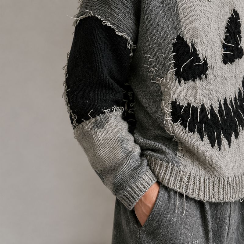 Custom Distressed Pumpkin Pattern Crewneck Knit Sweater