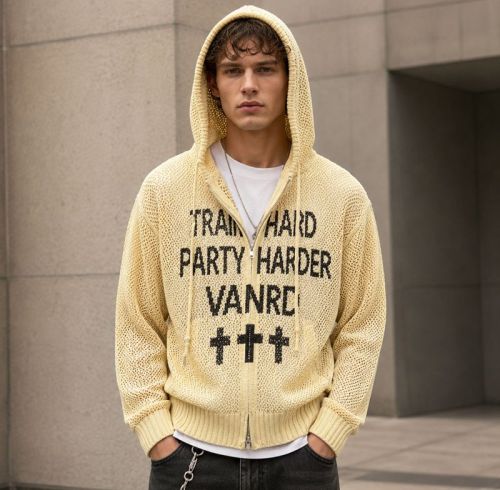 Custom Mesh Knit Zip Up Hooded Cardigan Sweater