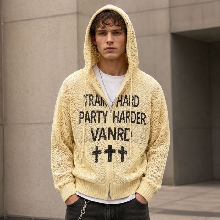 Custom Mesh Knit Zip Up Hooded Cardigan Sweater