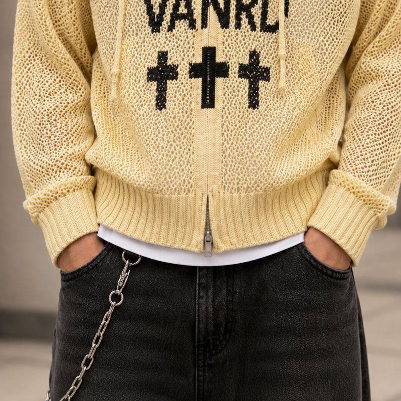 Custom Mesh Knit Zip Up Hooded Cardigan Sweater