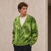 Custom Fuzzy Green V-Neck Knit Cardigan Sweater