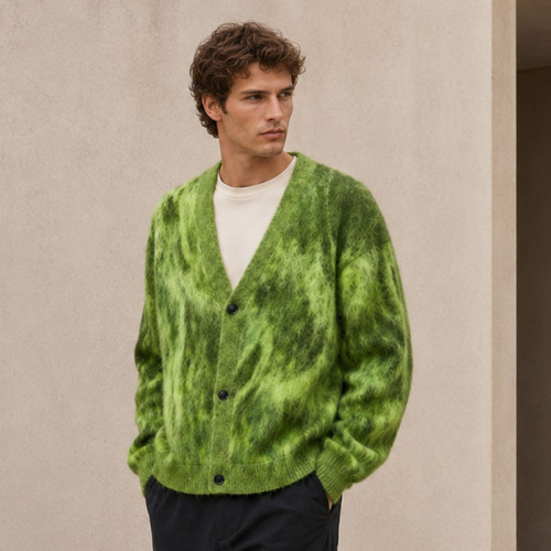 Custom Fuzzy Green V-Neck Knit Cardigan Sweater