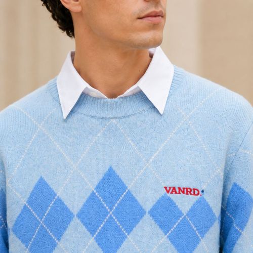 Custom Argyle Diamond Light Blue Crewneck Knit Sweater