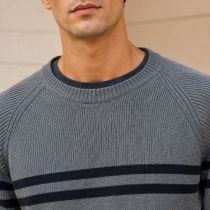 Custom Contrast Yoke Stripe Grey Crewneck Knit Sweater