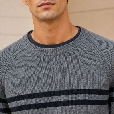 Custom Contrast Yoke Stripe Grey Crewneck Knit Sweater