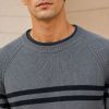 Custom Contrast Yoke Stripe Grey Crewneck Knit Sweater