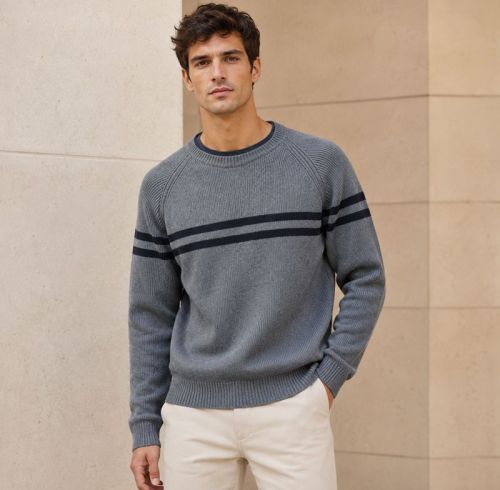 Custom Contrast Yoke Stripe Grey Crewneck Knit Sweater