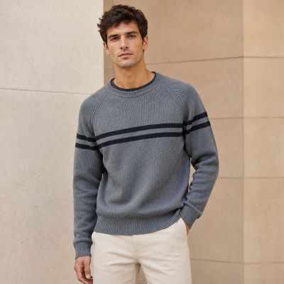 Custom Contrast Yoke Stripe Grey Crewneck Knit Sweater
