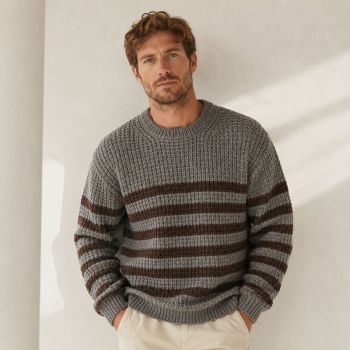 Custom Heavyweight Brown Stripe Crewneck Knit Sweater