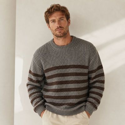 Custom Heavyweight Brown Stripe Crewneck Knit Sweater