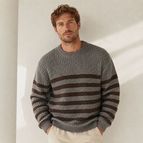Custom Heavyweight Brown Stripe Crewneck Knit Sweater