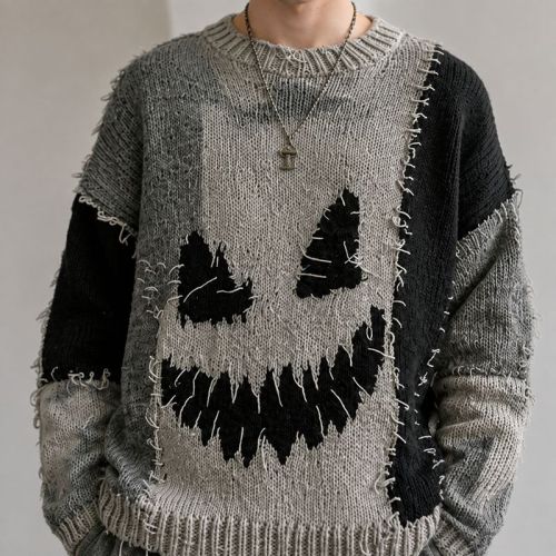Custom Distressed Pumpkin Pattern Crewneck Knit Sweater