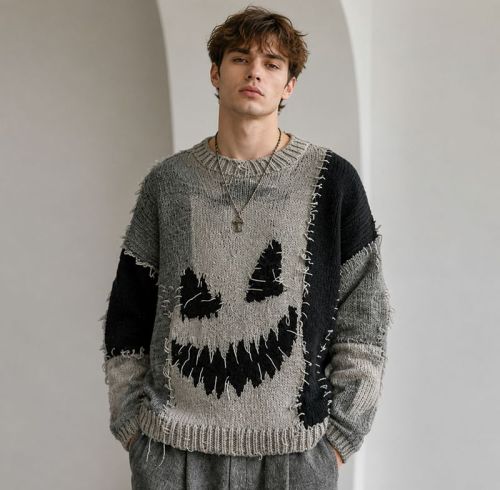 Custom Distressed Pumpkin Pattern Crewneck Knit Sweater