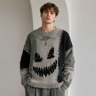 Custom Distressed Pumpkin Pattern Crewneck Knit Sweater