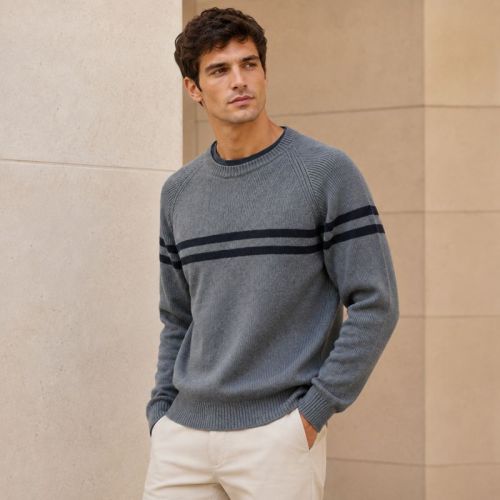 Custom Contrast Yoke Stripe Grey Crewneck Knit Sweater