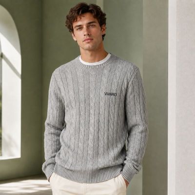 Custom Cable Knit Grey Crewneck Pullover Knit Sweater